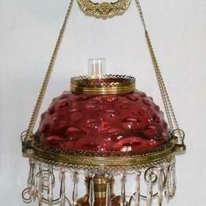 ANTIQUE VICTORIAN HANGING JUNO PARLOR LAMP CRANBERRY BULLSEYE GLASS SHADE